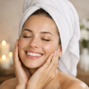 Счастливое лицо женщины после массажа, сияющая кожа, расслабленная улыбка